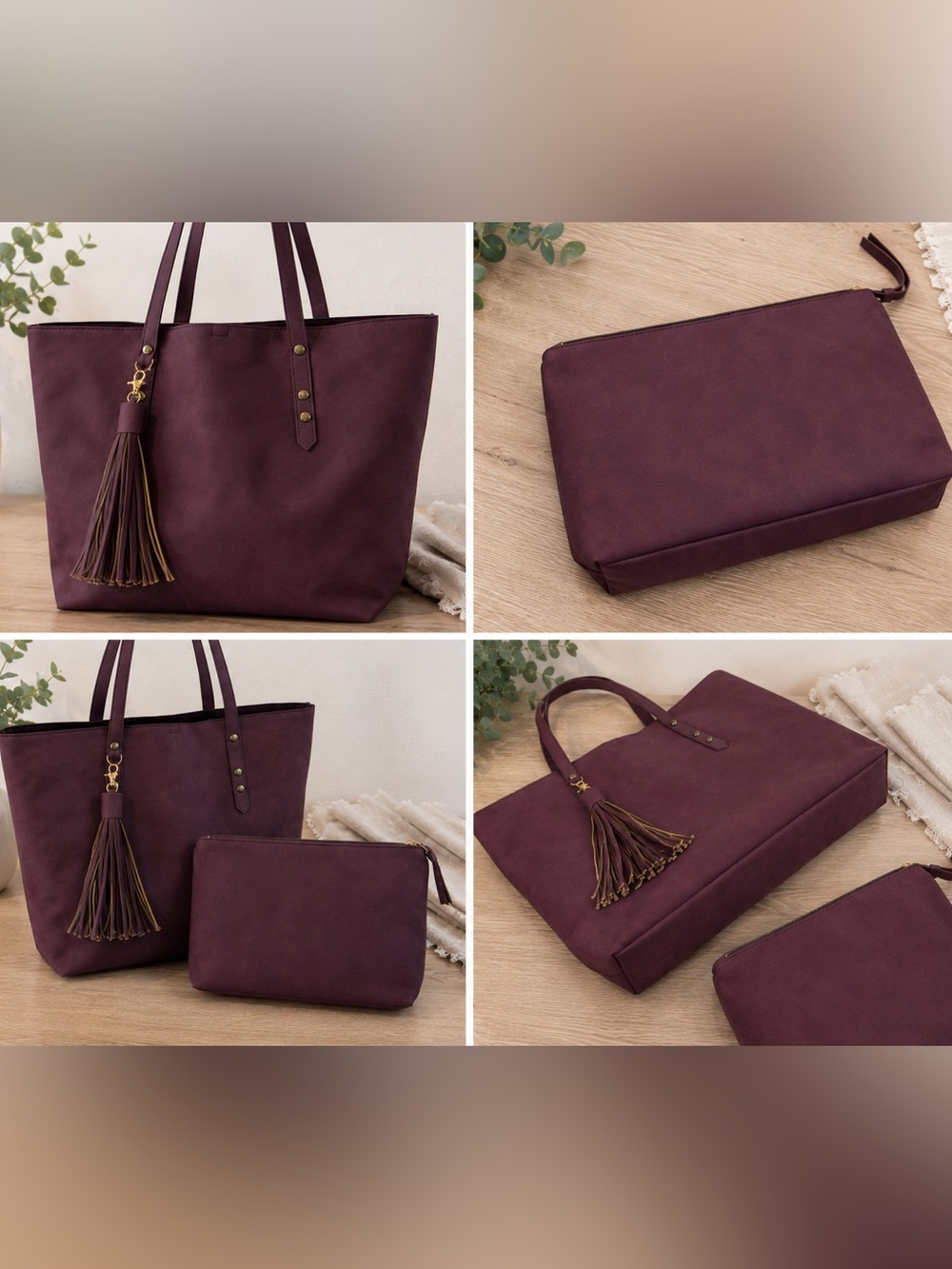 Women's Suede Tote and Pouch Set - Deep Plum